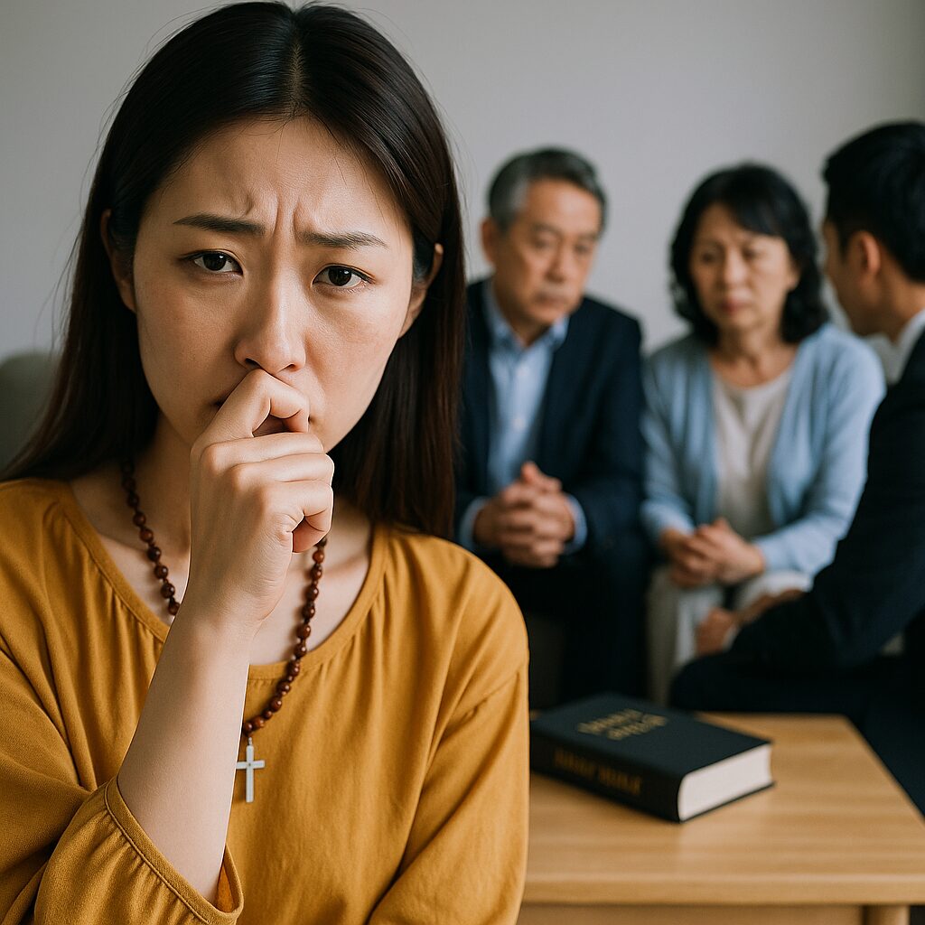 宗教的な十字架のネックレスを身に着けた若い日本人女性が深刻な表情で手を口元に当てて座っている。背景には中年の夫婦とスーツ姿の男性がソファで真剣に話し合っており、テーブルには「HOLY BIBLE」が置かれている。信仰と家族の葛藤を象徴する場面。
