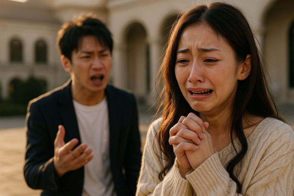 夕暮れ時、真剣な表情で考え事をする日本人女性の横顔