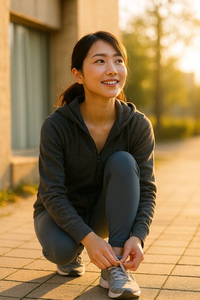 靴紐を結びながら前向きな表情の女性。朝日が照らしている
