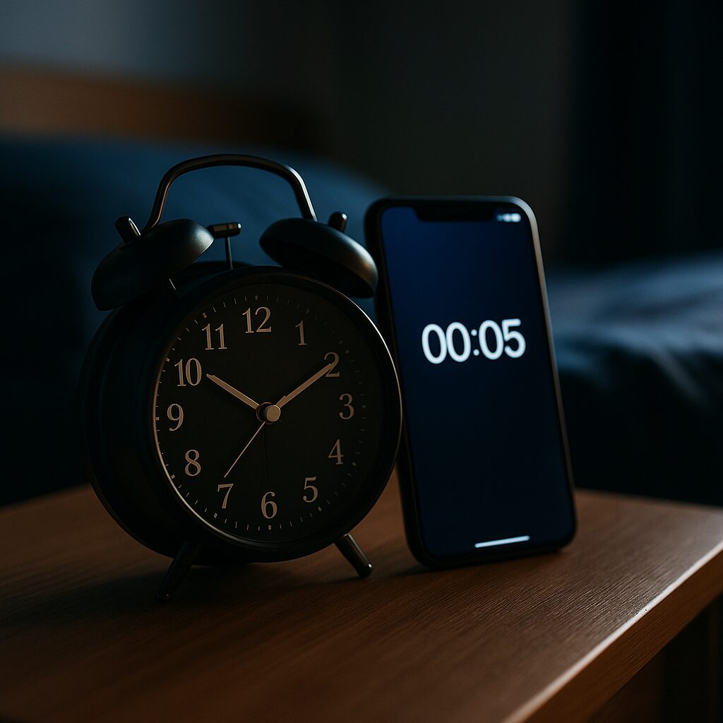 深夜0時過ぎ、ベッドサイドに置かれたアナログ時計とスマートフォン。静まり返った室内で光るスマホの画面が、24時間対応の探偵を象徴するような緊張感を醸し出している。