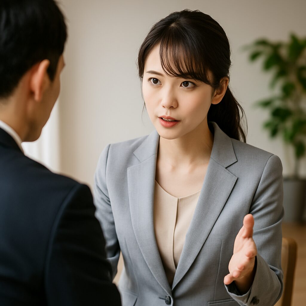 薄いグレーのジャケットを着た日本人女性が、現代的なオフィス空間で落ち着いた表情で男性と向き合いながら話をしている。片手を前に出しながら理路整然と語りかけ、冷静に主導権を握る姿勢が伝わる。背景には観葉植物と柔らかな自然光が差し込む。