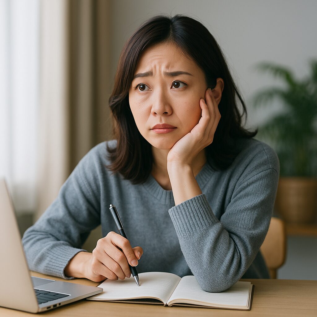 ノートパソコンとノートを前に、考え込むような表情で机に座る日本人女性。探偵選びで悩みながら“本当に信頼できる24時間対応の探偵社”を見極めようとしている様子が伝わる
