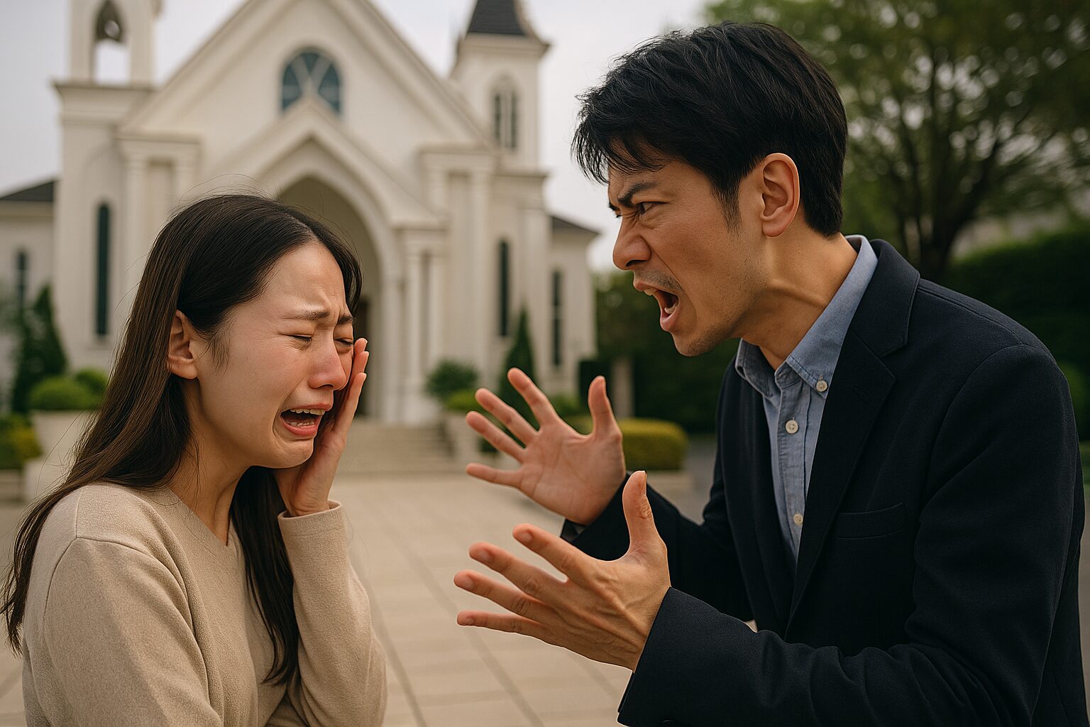 結婚式場の前で泣きながら喧嘩してるカップルのイメージ