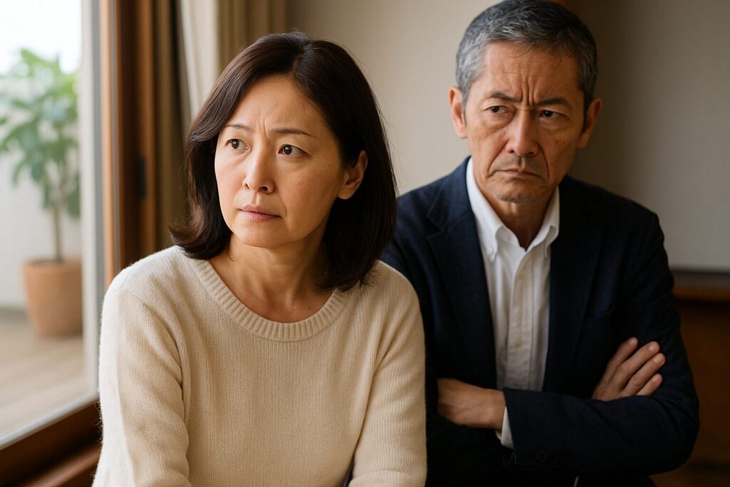 室内の窓辺に座る中年の日本人夫婦。女性はややうつむき加減で不安そうに遠くを見つめ、男性は腕を組んで険しい表情を浮かべている。2人とも緊張感のある空気を共有しており、何かに対する疑念や警戒を感じさせる場面。