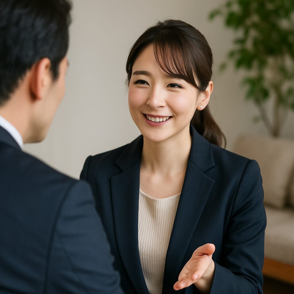 自然光の差し込む室内で、ネイビーのジャケットを着た日本人女性が穏やかに微笑みながら男性に向き合って座っている。女性は優しく手を差し出し、心を開いて話す様子。背景には観葉植物とベージュのソファが映り、落ち着いた空気が漂う。