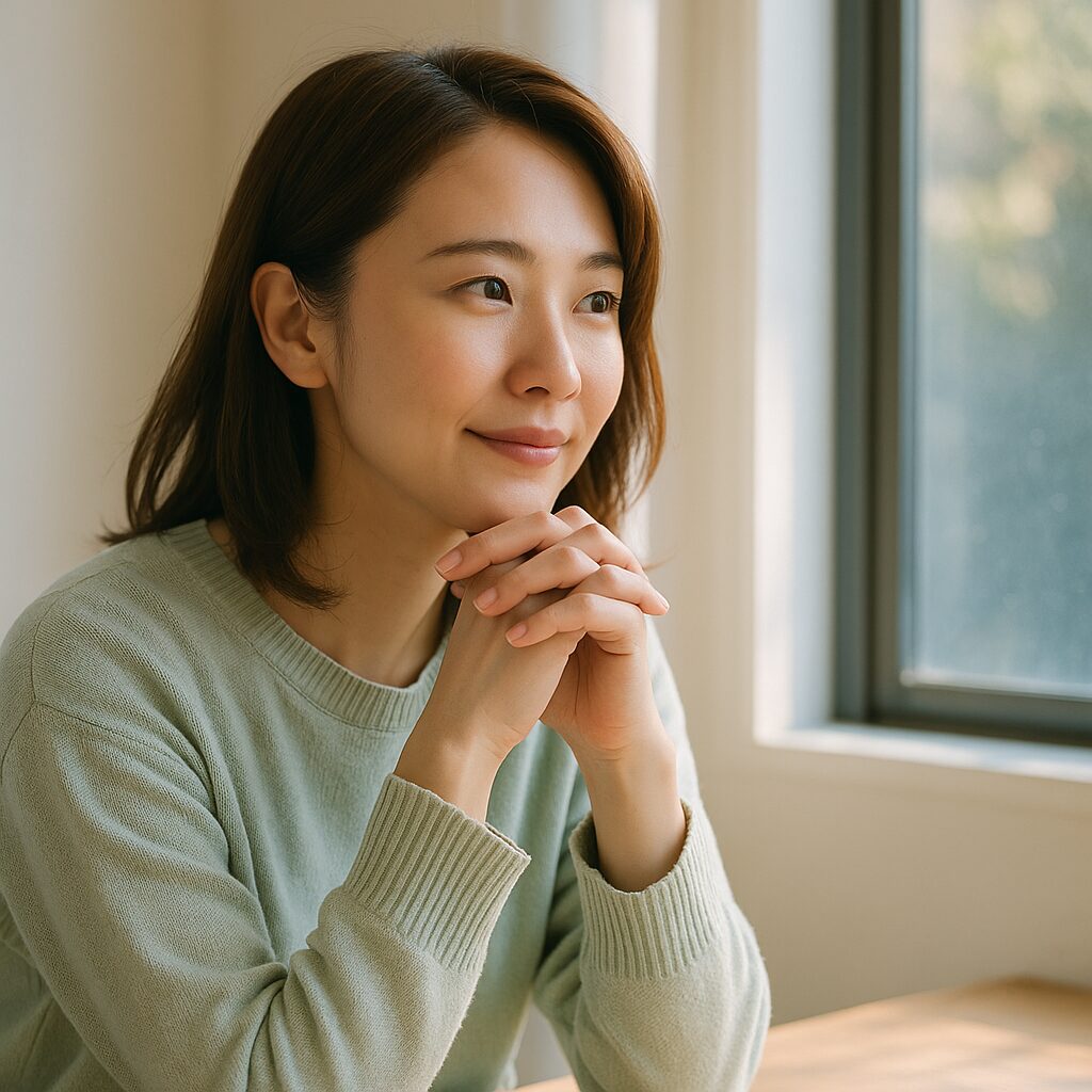窓から差し込む朝日を浴びながら、未来を見つめるように微笑む日本人女性。穏やかで前向きな表情が、再スタートへの希望を感じさせる雰囲気。