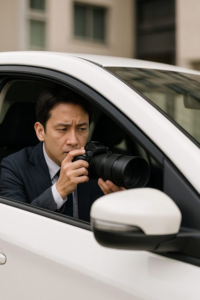 白い車の運転席に座ったスーツ姿のアジア系男性が、望遠レンズ付きの一眼レフカメラで外を真剣に観察している様子。建物前の駐車スペースに停車し、張り込み調査中の探偵を連想させるシーン。