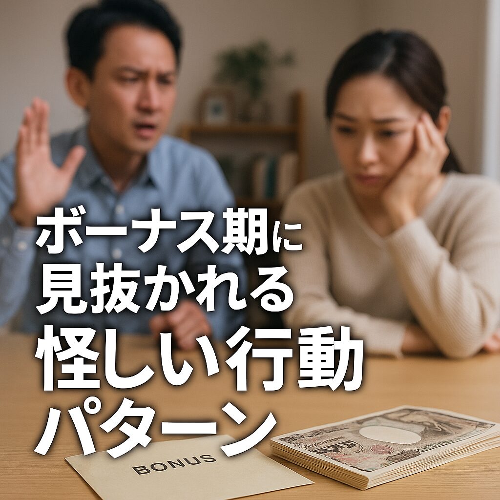 ボーナス封筒と一万円札が置かれたテーブル越しに、日本人夫婦が険しい表情で言い争っている。男性は手を上げて主張し、女性は不信感に満ちた表情でうつむいている。金銭と浮気をめぐる緊張感を描いた場面。