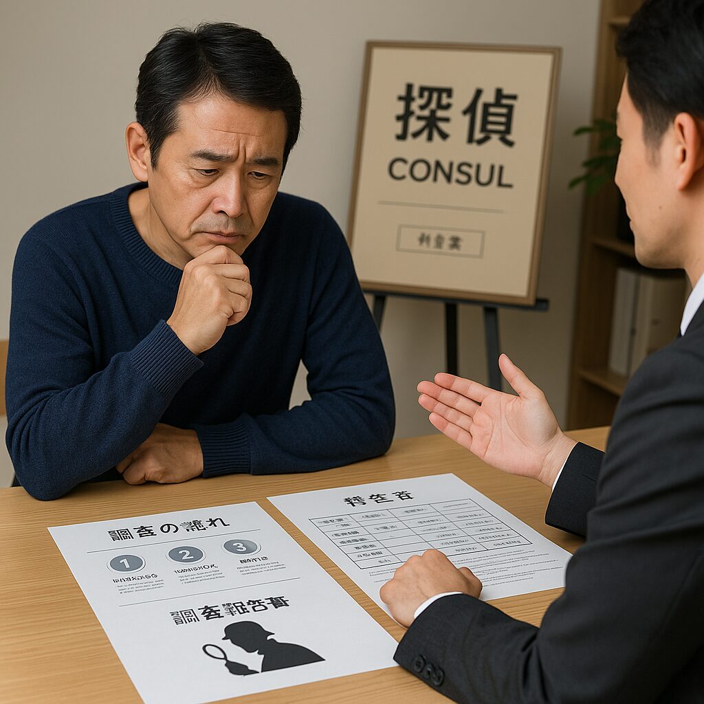 落ち着いた相談室でスーツ姿の日本人男性が資料を前に探偵スタッフと向き合って話している様子。机の上には調査計画書や料金表らしき紙が広げられ、費用や流れを丁寧に説明されている印象のシーン。