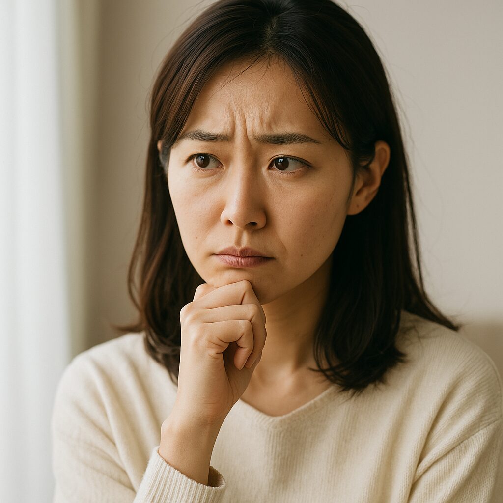 部屋の中で腕を組み、眉をひそめながら口元に手を添えている日本人女性。真剣で疑いを含んだ表情を浮かべ、視線はやや斜め下を見つめている。背景は柔らかい自然光が差し込むシンプルな空間。