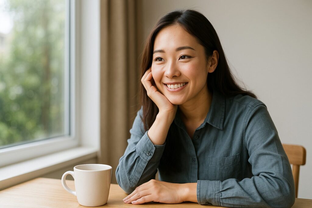 窓際の木製テーブルに座るアジア系の若い女性が、頬杖をつきながら優しく微笑んでいる。隣には白いマグカップが置かれ、朝の自然光が差し込む明るい室内で、前向きな雰囲気が感じられる。
