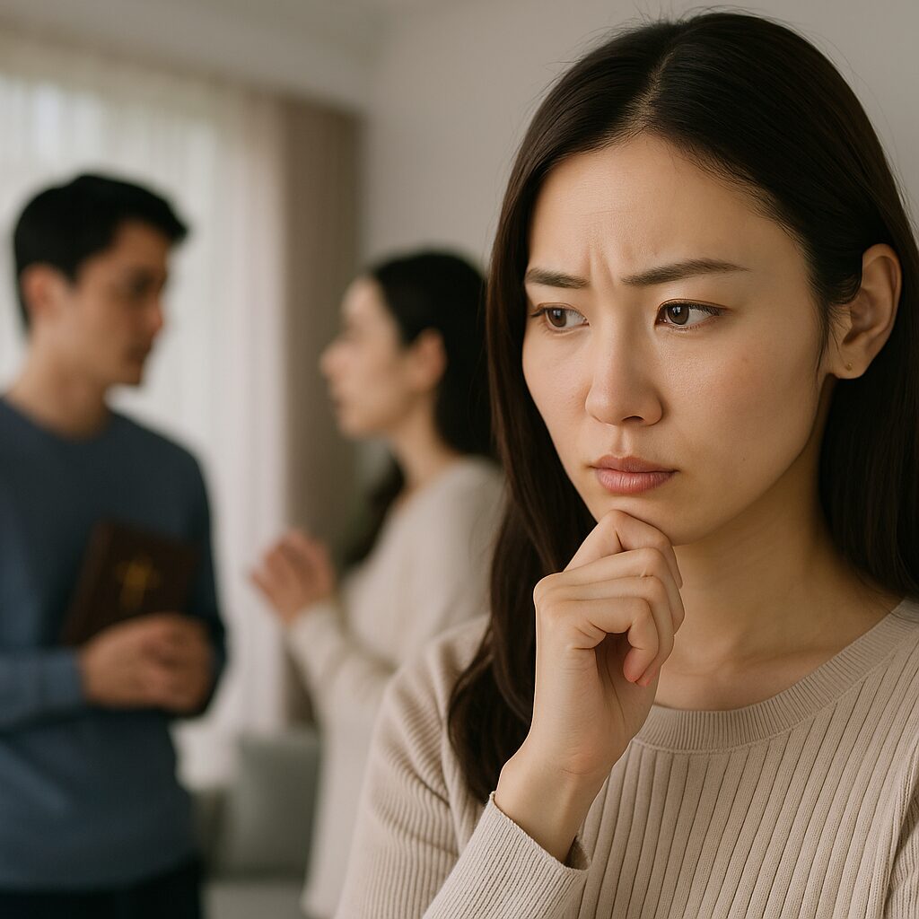 顎に手を当てて深く考え込む若い日本人女性が前景に立ち、背景では男女が宗教書を持ちながら言い争うように話し合っている。宗教的価値観の違いによる結婚生活への不安と葛藤を感じさせるシーン。