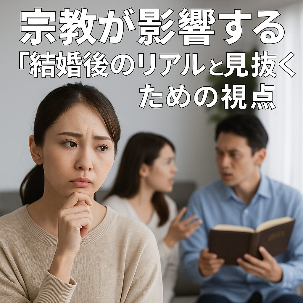前景に若い日本人女性が不安げな表情で顎に手を添え、背景では男女が口論しながら聖書のような本を持って話している様子。宗教的な価値観の違いが結婚生活に影響している状況を表している。