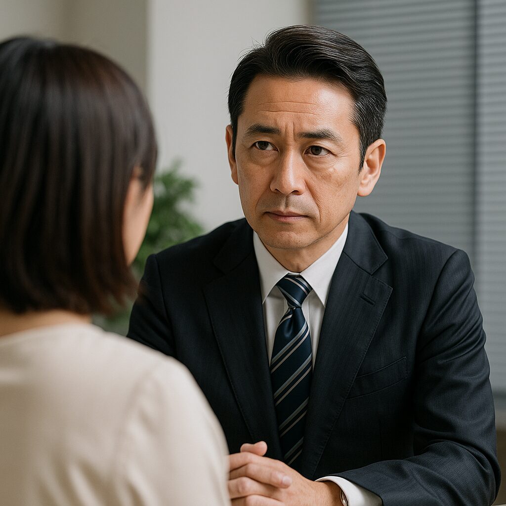 スーツ姿の中年日本人男性が、真剣な表情で女性に向き合い、面談を行っている。背景はシンプルなオフィスで、女性の顔は写っていないが、緊張感のある空気が漂っている。