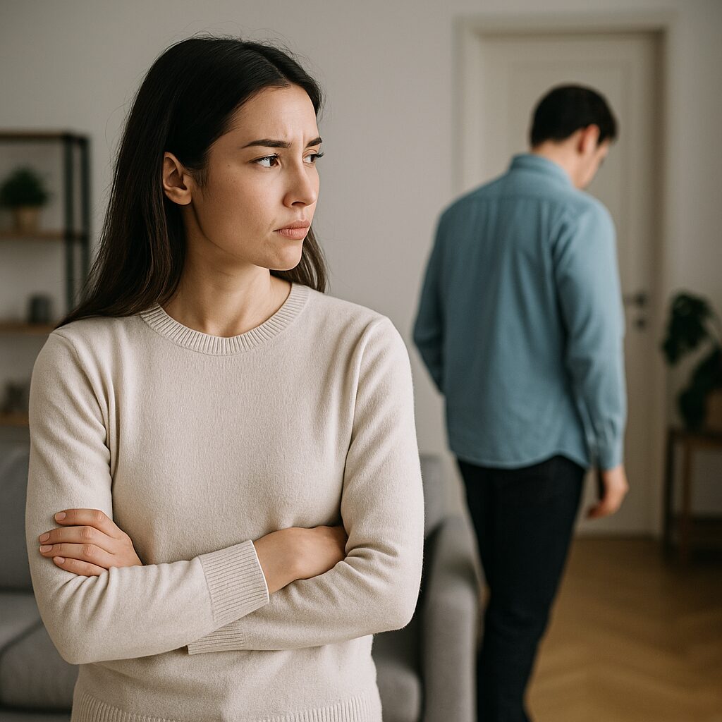 現代的なリビングで、腕を組んで険しい表情を浮かべる女性と、背を向けて無言で立ち去ろうとする男性。女性は淡いベージュのセーターを着て思い詰めた様子、男性は水色のシャツ姿で足早に去る後ろ姿。背景は自然光が差し込む落ち着いた室内。