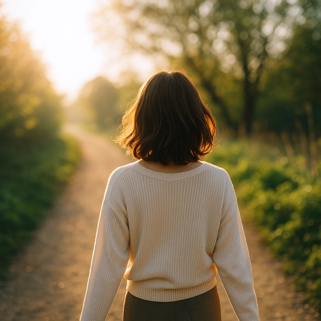 朝日が差し込む自然道を、背筋を伸ばして静かに歩く日本人女性の後ろ姿。柔らかな日差しと緑に囲まれた景色が、希望と新たな決意を感じさせる瞬間を描いている。