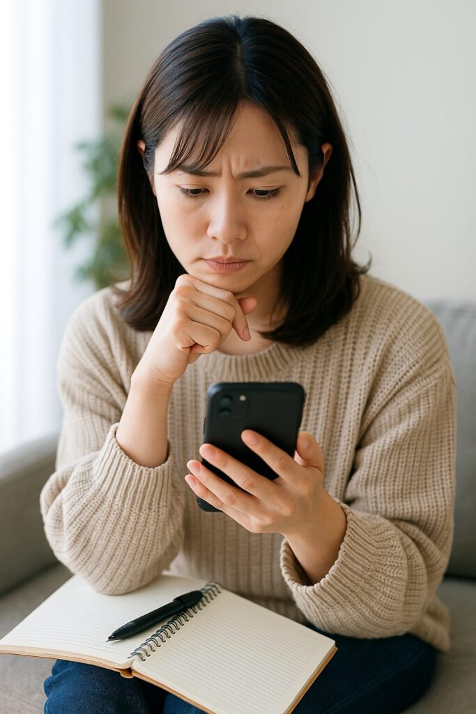 ノートとペンを膝に置きながら、スマートフォンの画面をじっと見つめる若い日本人女性。落ち着いた室内のソファに座り、眉をひそめて考え込む表情が印象的。背景は明るい自然光と観葉植物。