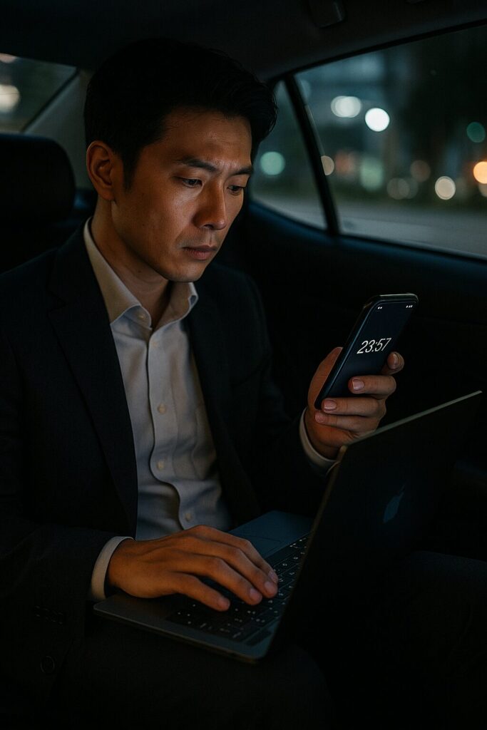 夜の車内で、スマートフォンとノートパソコンを操作しながら調査対応を行うスーツ姿の日本人男性。時計は深夜11時57分を示しており、探偵が24時間体制で稼働している緊迫感を象徴している。