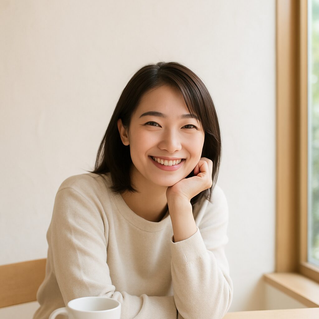 窓際のテーブルに座った日本人女性が、優しい笑顔でこちらを見つめている。白いカップが手前に置かれ、室内には柔らかな自然光が差し込み、落ち着いた安心感のある空間が広がる。