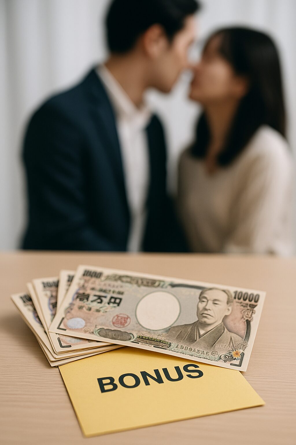 テーブルの上に置かれた日本円の紙幣と財布、その横にはスマートフォンとボーナス明細らしき封筒が無造作に置かれている。明るい自然光が差し込む室内で、金銭の使い道に疑問を抱かせるような静かなシーン。