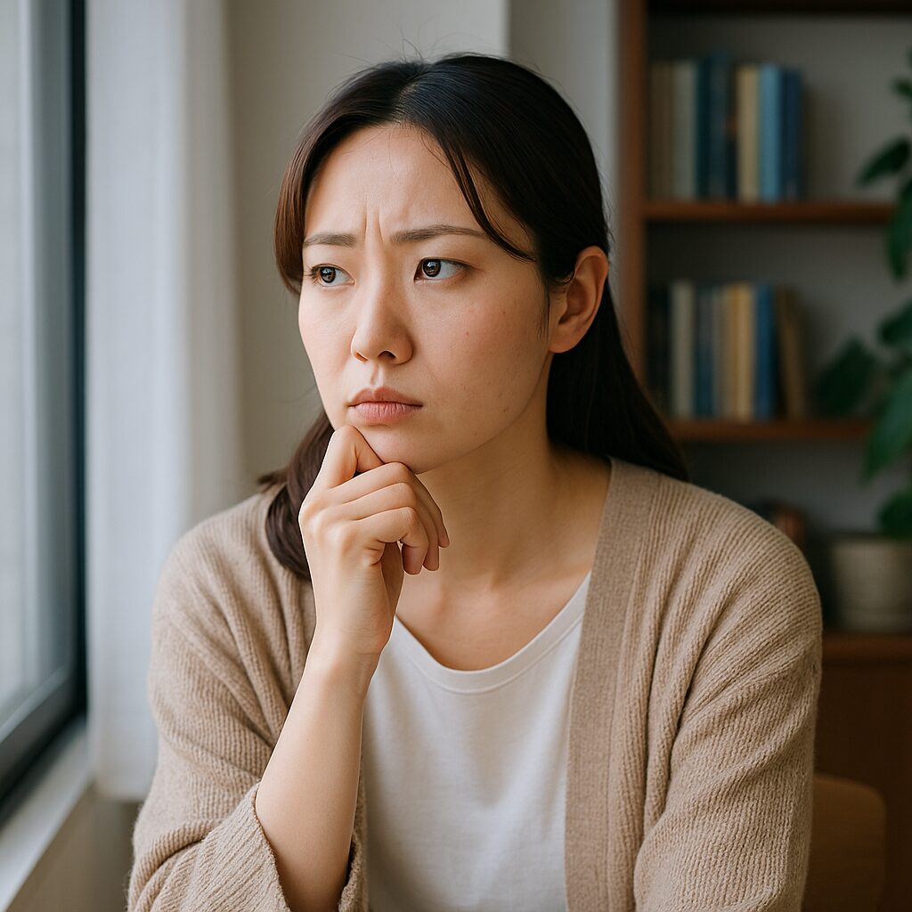 大きな窓辺に座った若い日本人女性が、顎に手を添えながら真剣な表情で遠くを見つめている。肩までのダークブラウンの髪と淡いベージュのカーディガンが柔らかな印象を与え、背後には本棚と観葉植物がぼんやりと映っている。