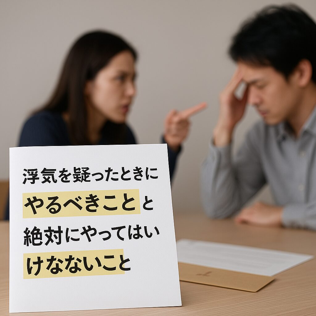テーブルに置かれた「浮気を疑ったときに やるべきことと 絶対にやってはいけないこと」と書かれた紙の奥で、女性が怒りをあらわにしながら男性を指さし、男性は頭を抱えて落ち込んでいる。不倫発覚時の緊張感を表すシーン。