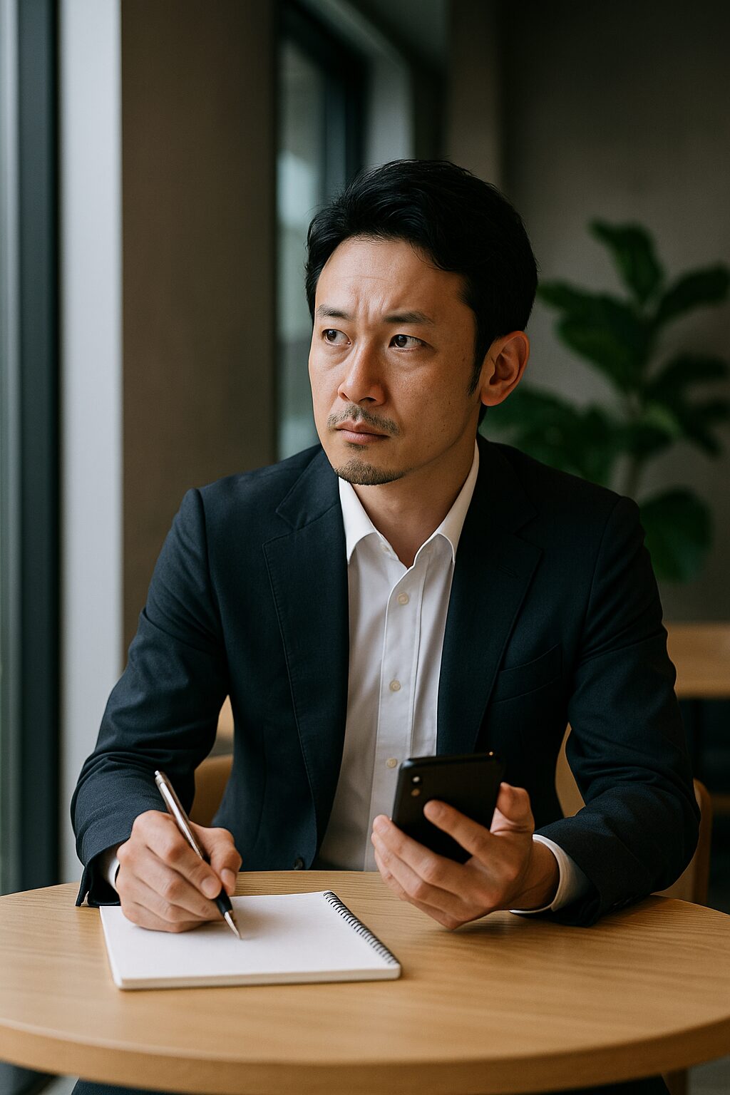 探偵事務所のオフィスで調査資料を確認するスーツ姿の日本人男性。真剣な表情で書類に目を通している様子が、住所特定調査の信頼性と専門性を感じさせる。