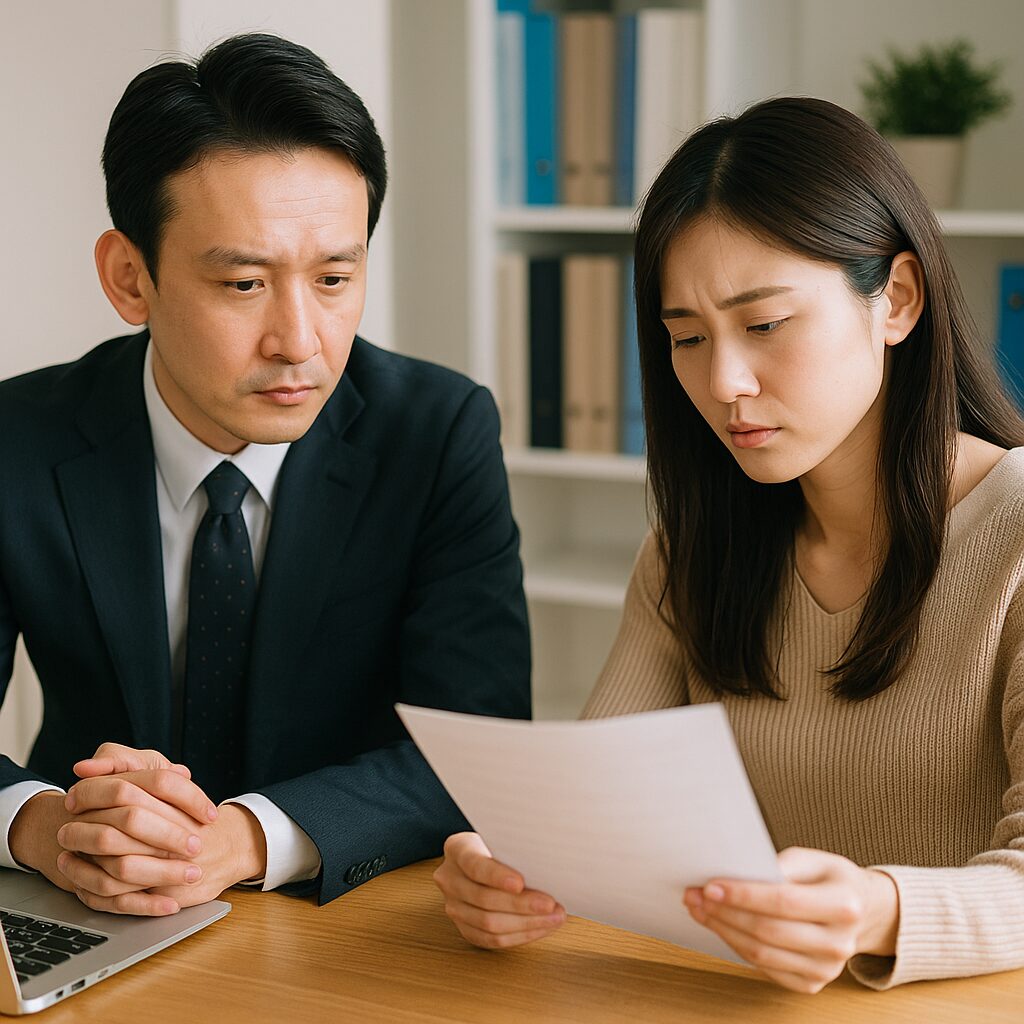 日本人の男女が探偵事務所のカウンターで真剣に相談している様子。男性が資料を指し示しながら説明し、女性がうなずいている姿が、住所特定調査の信頼性とプロのサポートを感じさせる。