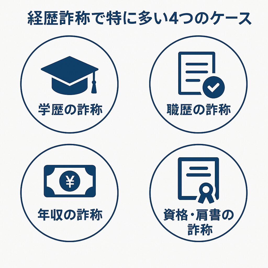 「経歴詐称で特に多い4つのケース」と日本語で書かれたインフォグラフィック。白背景に青い円が4つ配置され、左上に「学歴の詐称(卒業帽のアイコン)」、右上に「職歴の詐称(チェックマーク付き書類)」、左下に「年収の詐称(円マークの紙幣)」、右下に「資格・肩書の詐称(証書のアイコン)」が描かれている。