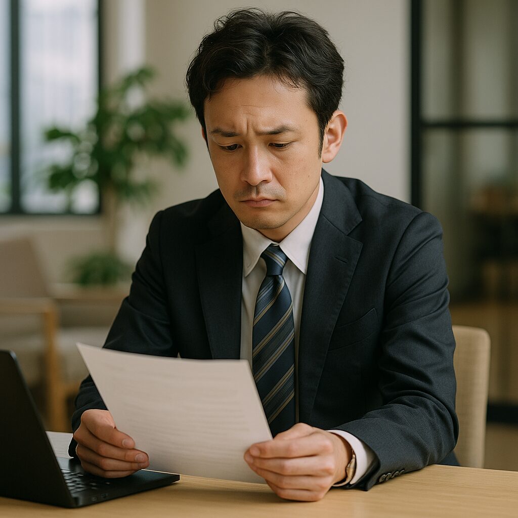 明るいオフィスで、30代の日本人男性が真剣な表情で手元の書類を見つめている。ネイビースーツに白シャツと青系ストライプのネクタイを着用し、横には開いたノートパソコン。背景には観葉植物があり、静かに緊張感が漂う場面。