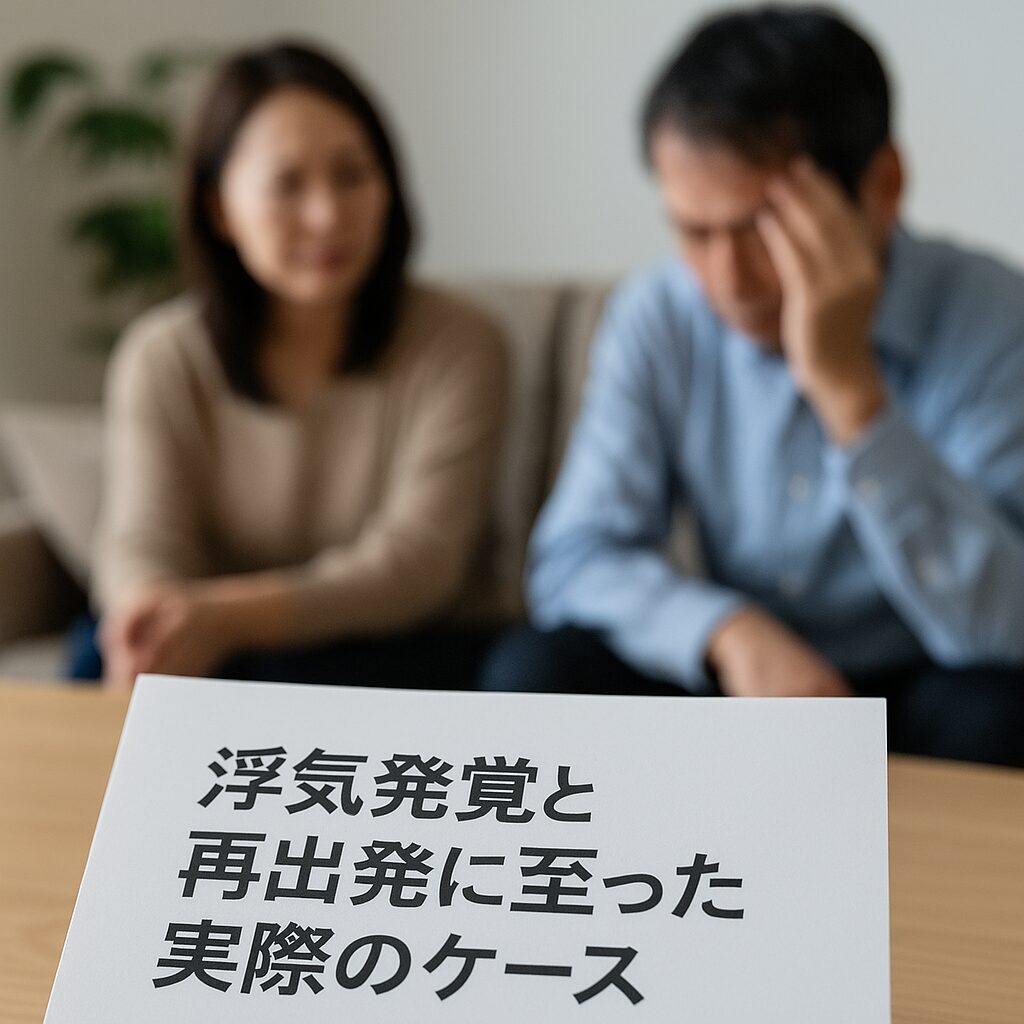 「浮気発覚と再出発に至った実際のケース」と書かれた紙がテーブルに置かれ、背景には中年の日本人男女がソファに座って沈痛な面持ちでうつむいている。関係修復や離婚の瀬戸際を象徴するシーン。