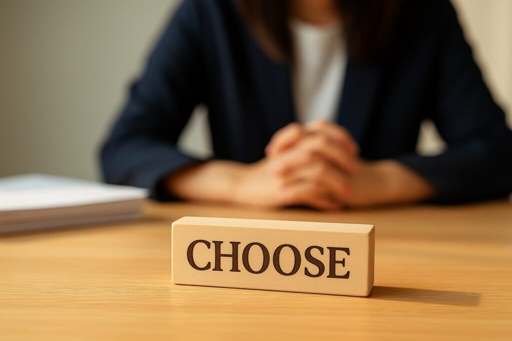 砂の上に“CHOOSE(選ぶ)”という文字が刻まれ、そっと波に洗われようとしている様子が映された写真。信頼できる探偵を選ぶという決断の繊細さと重みを象徴している。