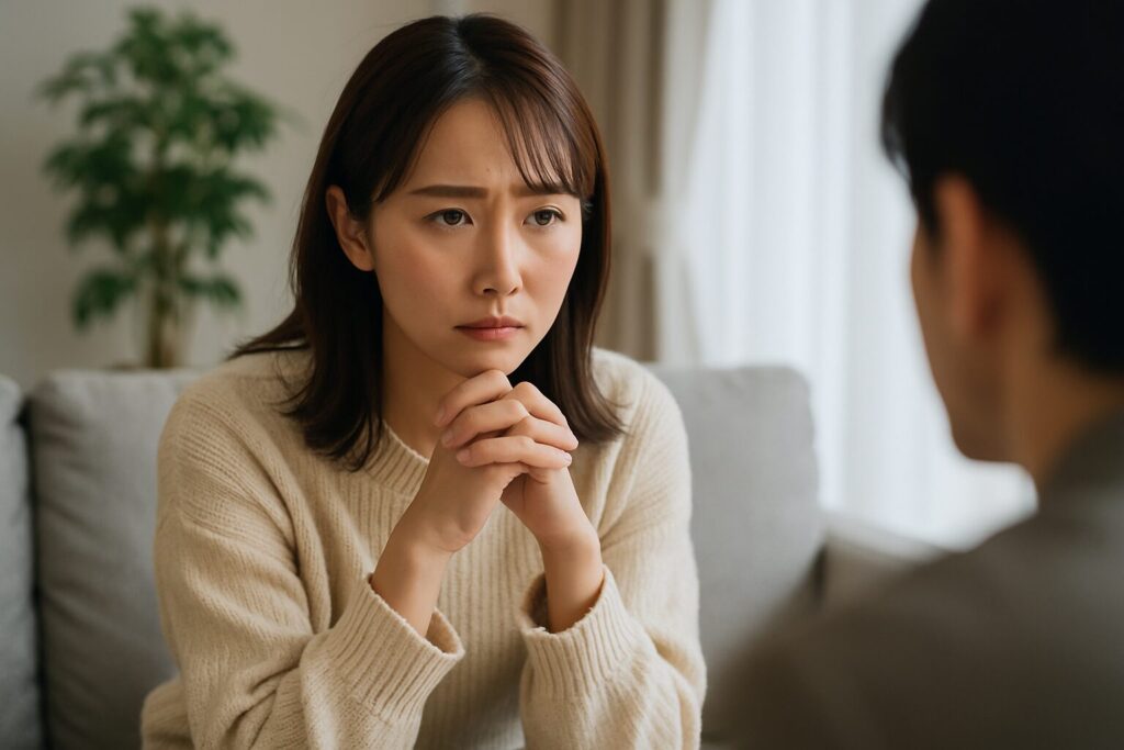 ソファに座り、両手を組んで前を見つめる30代の日本人女性。表情は真剣で、正面にいる相手の話に集中して耳を傾けている。室内は落ち着いた色調で、背景にはカーテンと観葉植物が写る。