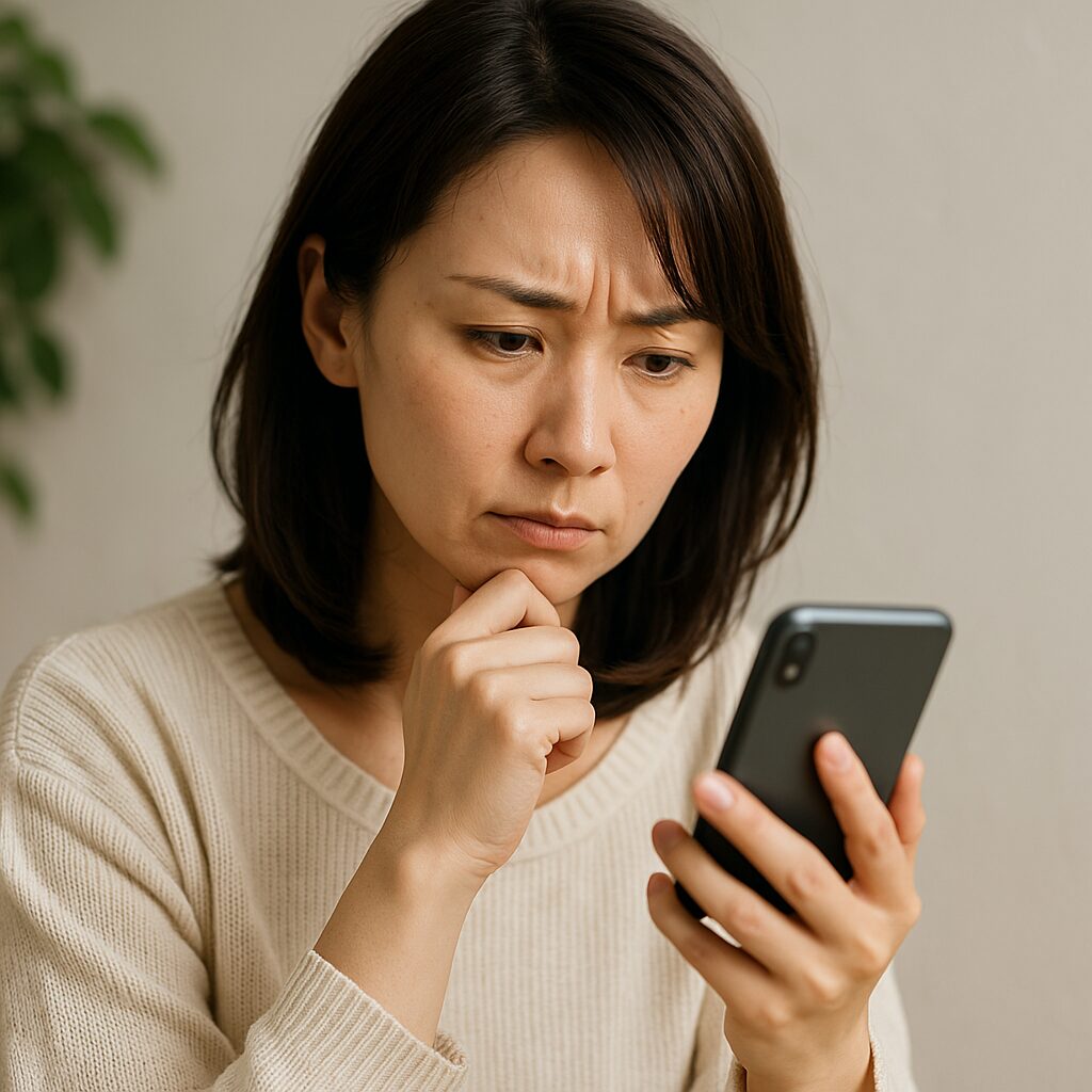スマートフォンの画面を真剣な表情で見つめる30代の日本人女性。薄手のクリーム色のセーターを着て、眉間にしわを寄せながら顎に手を添えている。背景は柔らかな自然光が差し込むシンプルな室内。