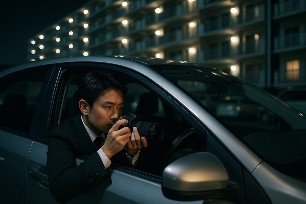 深夜の住宅街で車内からカメラを構えるスーツ姿の日本人男性探偵。張り込み調査中の緊張感と静けさが漂い、リアルな24時間対応の現場シーンを感じさせる構図。