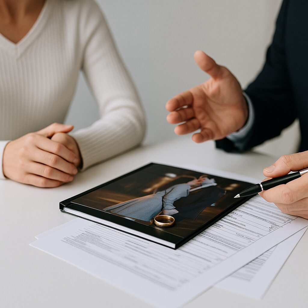 探偵から調査報告を受ける日本人男女のカット。机上には調査報告書と契約資料が並び、財産分与に関する深刻な話し合いが行われている様子が伝わる。