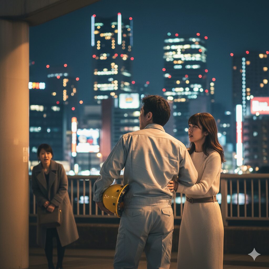 大阪の夜景の中、建築・建設業の夫と浮気相手が歩く後姿を、妻が不安そうに見つめるアイキャッチ画像