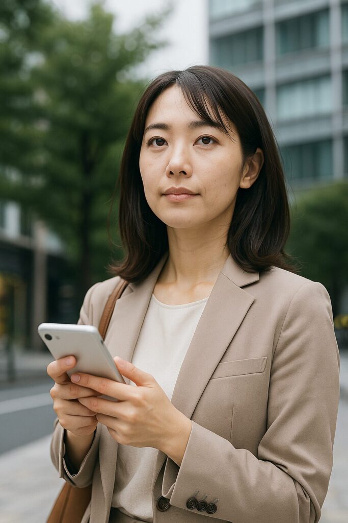 大阪・梅田の街を背景に、スマートフォンで探偵事務所を調べる若い日本人女性。真剣な表情で信頼できる情報を探している様子。