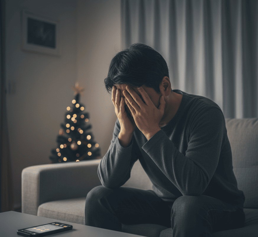 薄暗い部屋で、手のひらで額を押さえ苦悩する30代から40代前半の日本人男性。浮気による罪悪感やストレス、二重生活の精神的な疲弊が表情に表れており、複雑な浮気心理を象徴している。