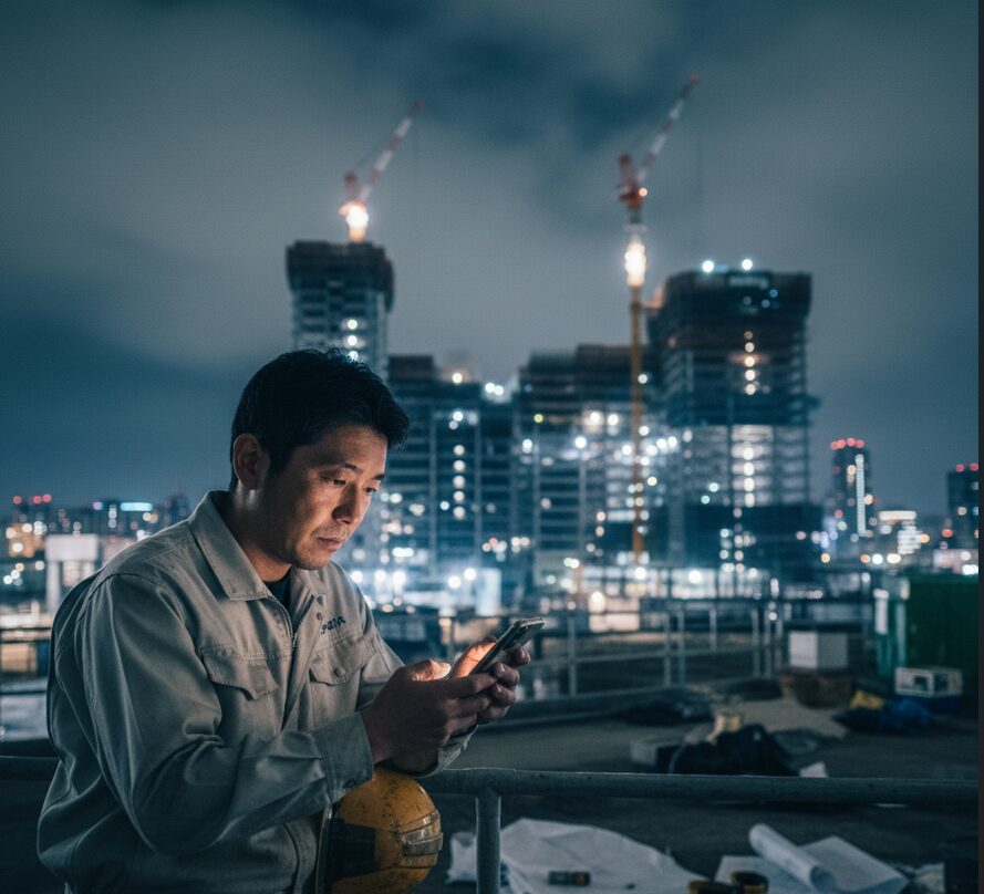 建設現場の遠景と、残業で疲れた様子の日本人男性（建築・建設業の夫）が、スマートフォンを眺めている姿。仕事のストレスや環境が浮気の原因となる構造。