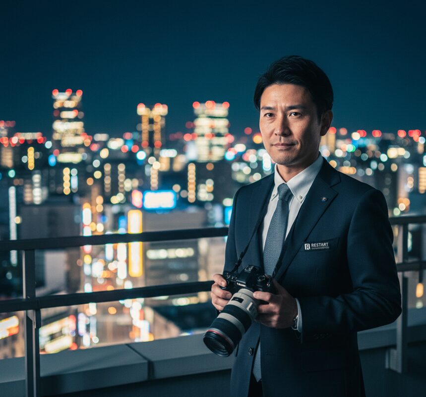 大阪の夜景を背景に、RESTART探偵事務所のロゴが入ったバッジをつけた誠実そうな日本人探偵（男性）が、冷静な表情で街を見下ろしている様子。プロの探偵に依頼するメリットと信頼感。