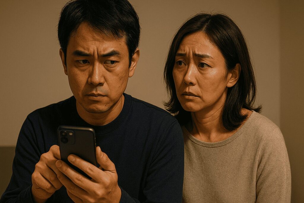 不倫の証拠を隠すためにスマートフォンを過度に管理する配偶者の手元と、それを疑いの目で見つめる女性