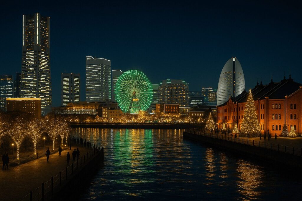 クリスマスイルミネーションでロマンチックに輝く横浜・みなとみらいの夜景。