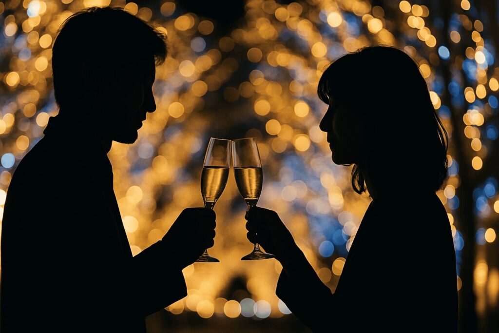 イルミネーションを背景にシャンパンで乾杯する男女のシルエット。