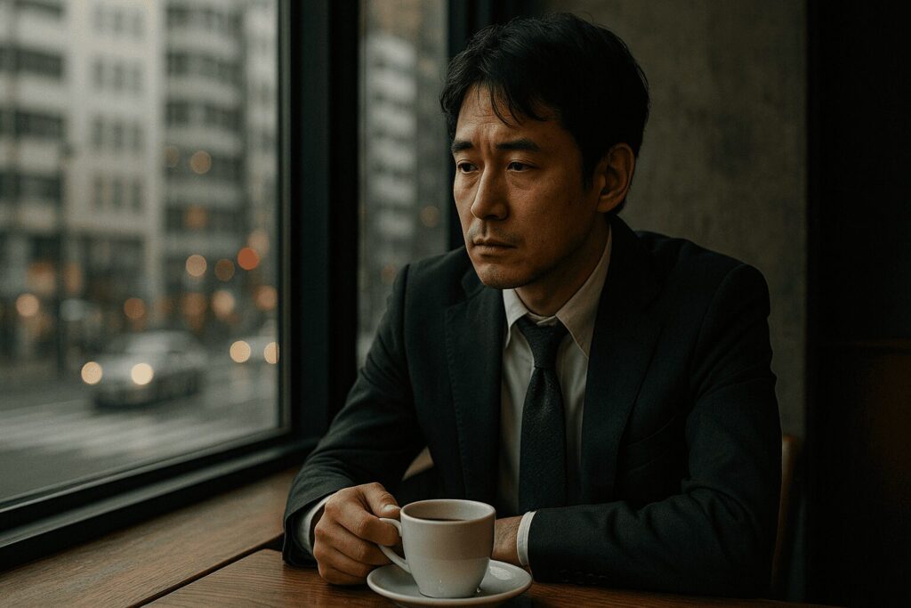 カフェで物思いにふける男性。不倫に走りやすい男性が抱える心理的な孤独や承認欲求をイメージ。