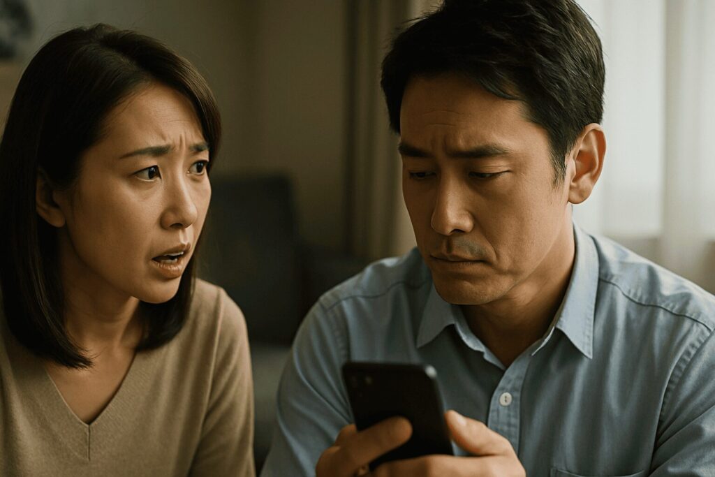 妻からの質問に動揺する夫。何気ない会話の中から不倫の嘘を見抜くための質問をしているイメージ。