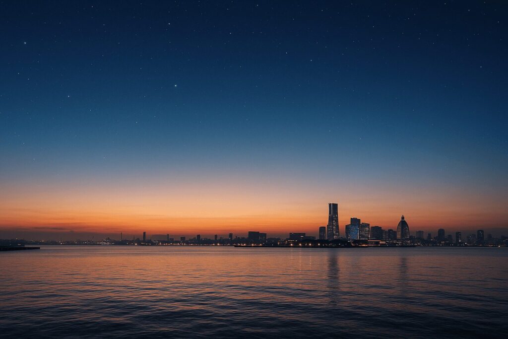 夜明け前の横浜港。真実を知り、新たな始まりを迎える希望を象徴する風景。