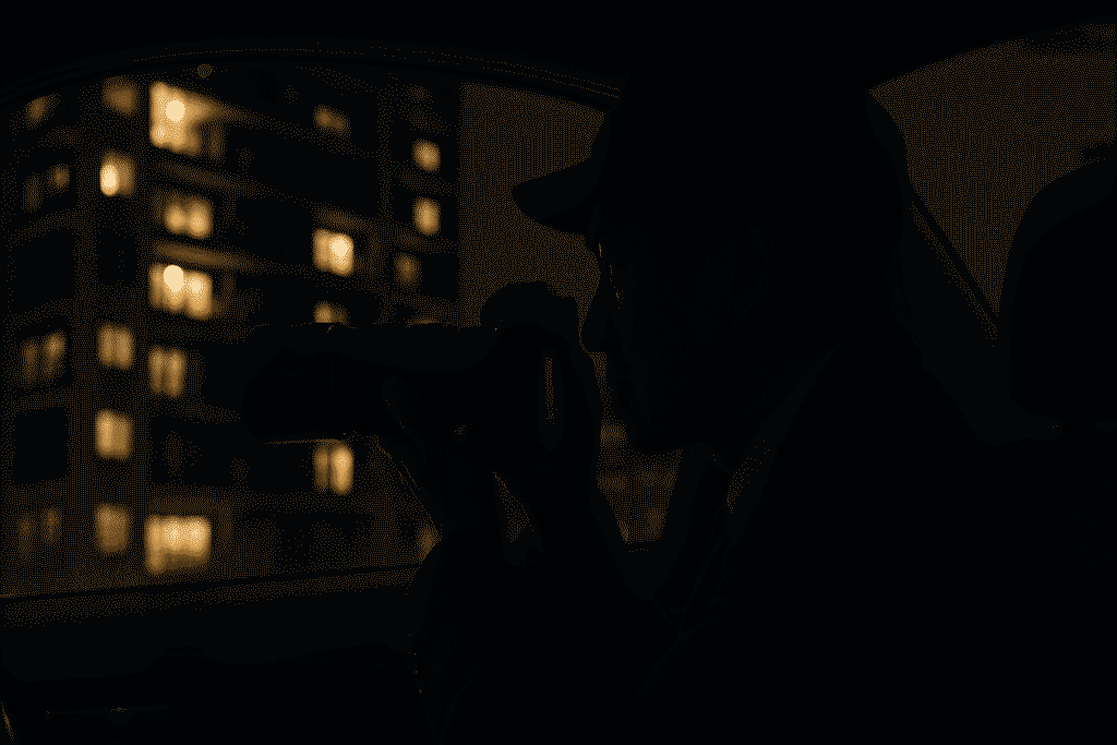 車の中から望遠カメラで建物を監視する探偵のシルエット。