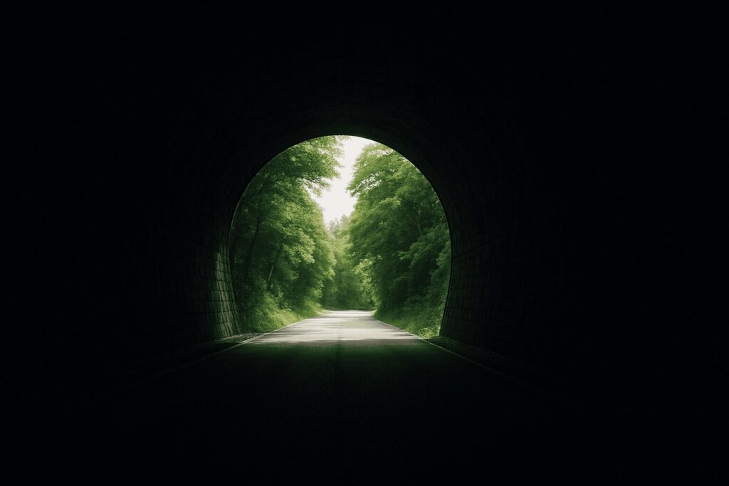 暗いトンネルの出口に見える明るい光と希望の風景。
