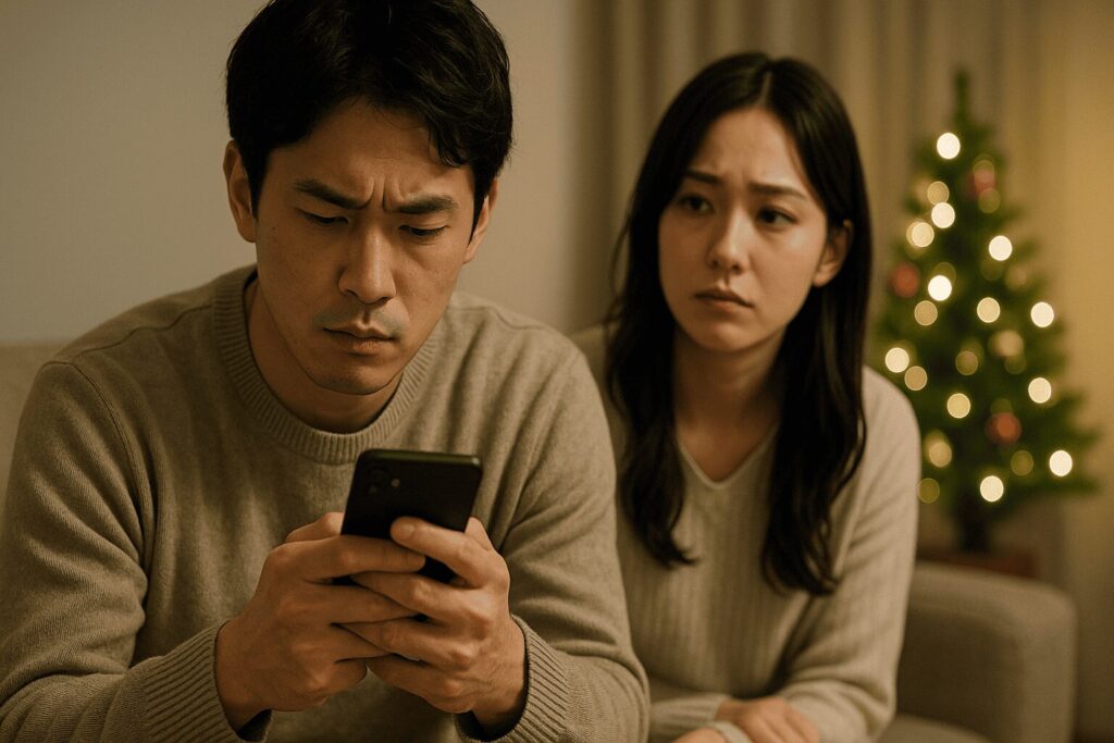 パートナーに隠れてこっそりとスマートフォンを操作する、浮気の兆候が疑われる男性。